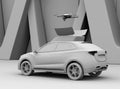 Clay rendering of electric SUV released drone for leisure entertainment