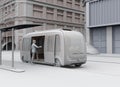 Clay rendering of a low polygon style man get on a autonomous bus