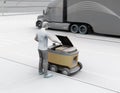Clay rendering of low polygon style man using smartphone unlock delivery robot