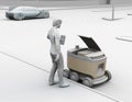 Clay rendering of low polygon style man using smartphone unlock and pick up parcel from self-driving delivery robot