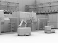 Clay rendering of mobile robot passing CNC robot cells in factory