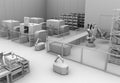 Clay rendering of mobile robots, heavy payload robot cell and CNC machines