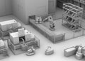 Clay rendering of mobile robots, heavy payload robot cell and CNC machines