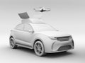 Clay rendering of quadcopter drone take off from orange electric rescue SUV