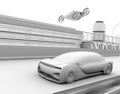 Clay rendering of self-driving passenger drone taxi and autonomous electric car on the highway