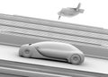 Clay rendering of self-driving passenger drone taxi and autonomous electric car on the highway