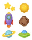 Clay rocket. Plasticine space elements rocket sattelite telescope realistic render collection decent vector template