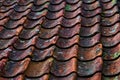 Clay roof tiles in red with moss and lichen. Royalty Free Stock Photo