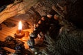 Clay runes illuminated by a burning candle. The concept of magic, mysticism and ancient writers Royalty Free Stock Photo