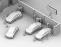 Clay shading rendering of electric cars in car sharing only parking lot