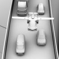 Clay shading rendering of futuristic flying car flying over traffic jam in the highway