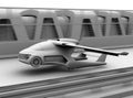 Clay shading rendering of futuristic flying car takes off from highway