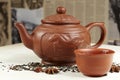 Clay teapot, bowl, tea and star anise