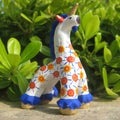 Clay toy russian tradition unicorn handmade green garden leaf stone Royalty Free Stock Photo