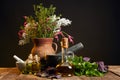 Vase with fresh herbs and flowers Royalty Free Stock Photo