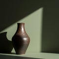 A clay vase with a smooth, dark brown surface featuring subtle swirls stands on a flat Royalty Free Stock Photo