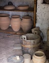 Clay vessels and wooden bowl