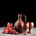 Clay wine jug with two glasses and bunch of red grapes on table on dark background. Copyspace Royalty Free Stock Photo