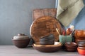 Clay and wooden dishes on the table. Eco friendly