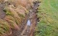 Clayey soil into which farmers dig drainage ditches so that their meadows are not wet for use on hay. Drainage of the path to the Royalty Free Stock Photo