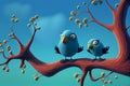 Claymation style birds on a branch
