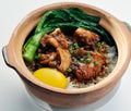 Claypot chicken rice with soy sauce vegetable Royalty Free Stock Photo