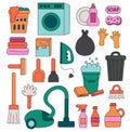 Cleaning Set Elements. Collection of cleaning tools. Washing machine. Cleaning products. Trash can. Vacuum cleaner Royalty Free Stock Photo