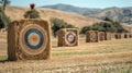 A clean archery range with a bow, arrows, and hay bale targets Royalty Free Stock Photo