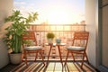 a clean balcony with two simple chairs, a small table, and a single potted plant