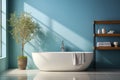 Clean bathroom with bathtub, shelf and tree, wooden floor, blue wall, modern minimal interior style Royalty Free Stock Photo