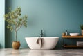 Clean bathroom with bathtub, shelf and tree, wooden floor, blue wall, modern minimal interior style Royalty Free Stock Photo