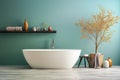 Clean bathroom with bathtub, shelf and tree, wooden floor, blue wall, modern minimal interior style, generative AI Royalty Free Stock Photo