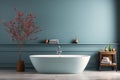 Clean bathroom with bathtub, shelf and tree, wooden floor, blue wall, modern minimal interior style, generative AI Royalty Free Stock Photo