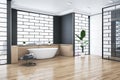 Clean bathroom interior with bathtub, abstract windows and reflections on wooden flooring.