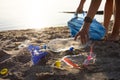 Female Volunteer Cleaning Polluted Beach Collecting Plastic Trash Outdoor, Cropped Royalty Free Stock Photo