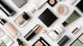 Clean beauty products, ranging from skincare to makeup, are arranged in a visually appealing manner