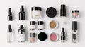 Clean beauty products, ranging from skincare to makeup, are arranged in a visually appealing manner