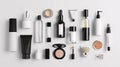 Clean beauty products, ranging from skincare to makeup, are arranged in a visually appealing manner