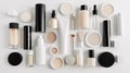 Clean beauty products, ranging from skincare to makeup, are arranged in a visually appealing manner