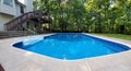 Clean blue backyard swimming pool with abstract prospective on a clear summer day