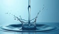 Clean blue water stream pours into tranquil pool, forming energetic splash. Impact creates striking crown-like shape, many tiny Royalty Free Stock Photo
