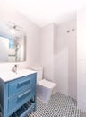 Clean bright bathroom interior with mosaic floor and blue furniture. Original designed space with modern pieces Royalty Free Stock Photo