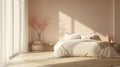 Clean, bright bedroom featuring a comfortable bed. Sunlight casts soft shadows on the walls. Perfect for home decor Royalty Free Stock Photo
