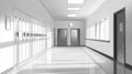 A clean, bright hallway in a school or office setting features sleek, white lockers on the left, uniformly lined against the wall Royalty Free Stock Photo