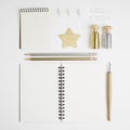 Clean and bright stationary mock-up: notebooks, foutain pen, pencils, gold and silver glitters, pins and stars on white background