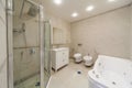 Clean stylish designer modern bathroom. Bathroom interior in luxury home with glass shower and bathtub Royalty Free Stock Photo
