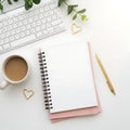 Workspace with blank notebook keyboard coffee and gold pen on white desk Royalty Free Stock Photo