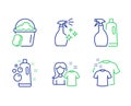 Clean bubbles, Clean shirt and Shampoo and spray icons set. Sponge, Washing cleanser signs. Vector