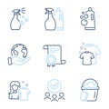 Clean bubbles, Clean shirt and Shampoo and spray icons set. Sponge, Washing cleanser signs. Vector