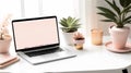 Clean and Chic: Minimalist Desk Setup in Crisp White with Blush Pink Accents and Honey Gold Details